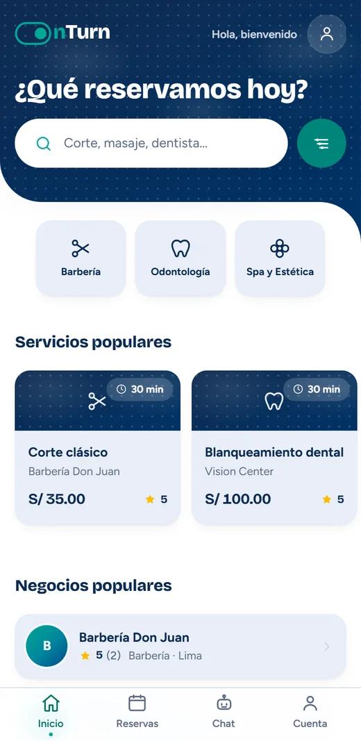 Pantalla de inicio de OnTurn con buscador, categorías y servicios