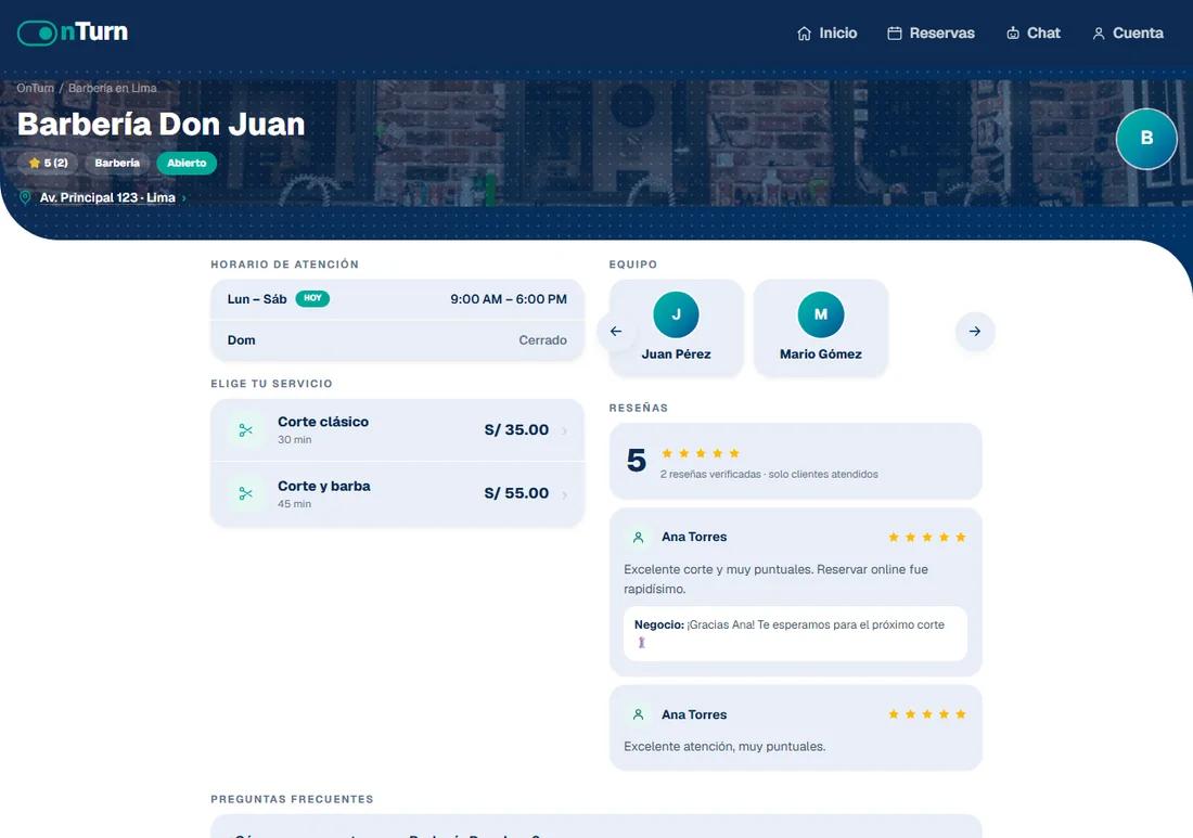 Página de un negocio en OnTurn con horarios, servicios, equipo y reseñas